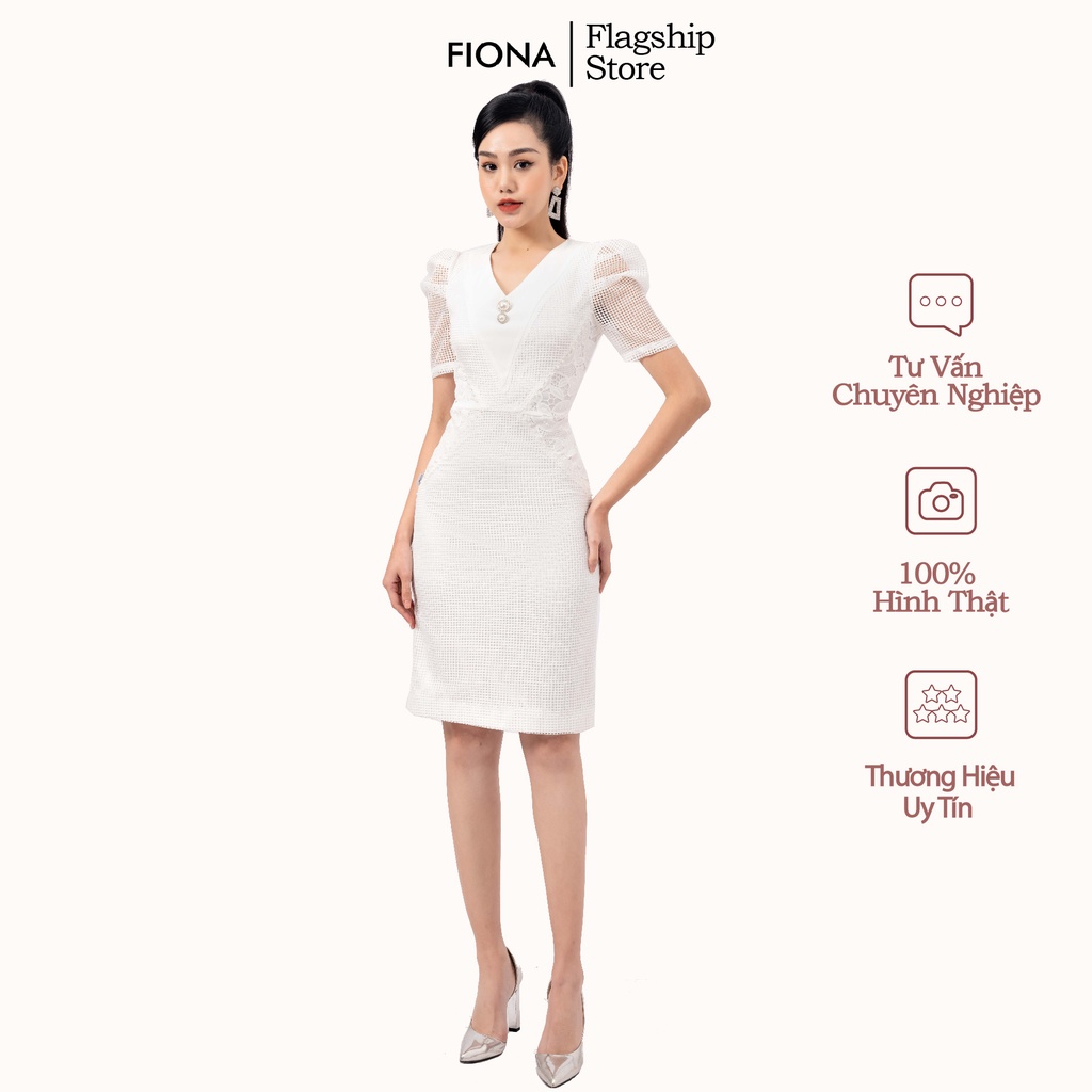 Đầm Thiết Kế Nữ Công Sở FIONA, Đầm Ren Lưới Dáng Ôm Quyến Rũ Thanh Lịch Màu Trắng Mã F451205