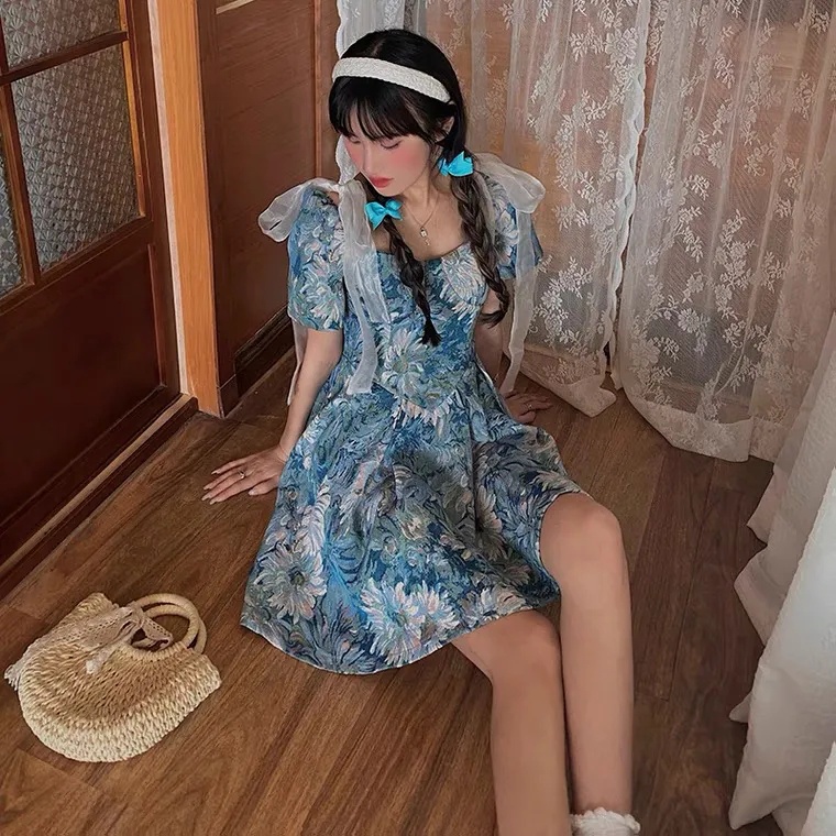 [MURIOKI] Đầm Chữ A Cổ Vuông Họa Tiết Tranh Sơn Dầu Ngọt Ngào Cho Nữ