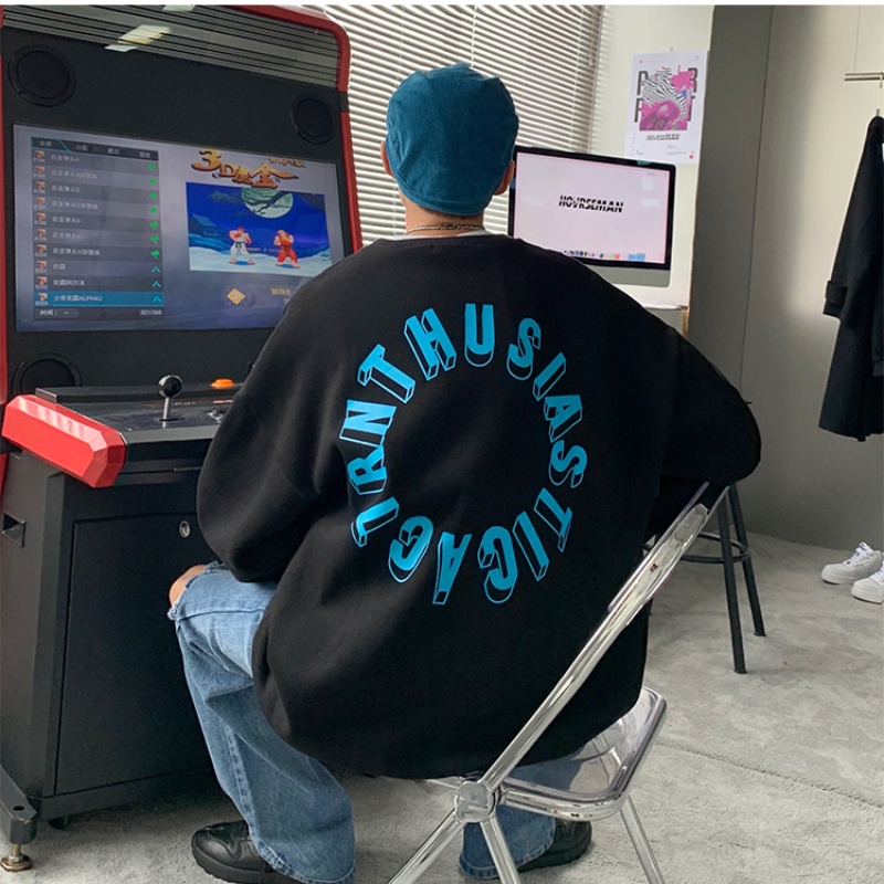 Áo thun tay dài cổ tròn in chữ dáng rộng phong cách hip hop thời trang mùa thu size M-3XL cho nam