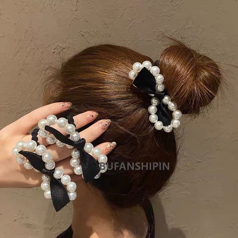 Dây buộc tóc Hàn quốc chun buộc tóc ngọc trai nhân tạo voan nơ sang trọng xinh xắn đáng yêu ngọt ngào