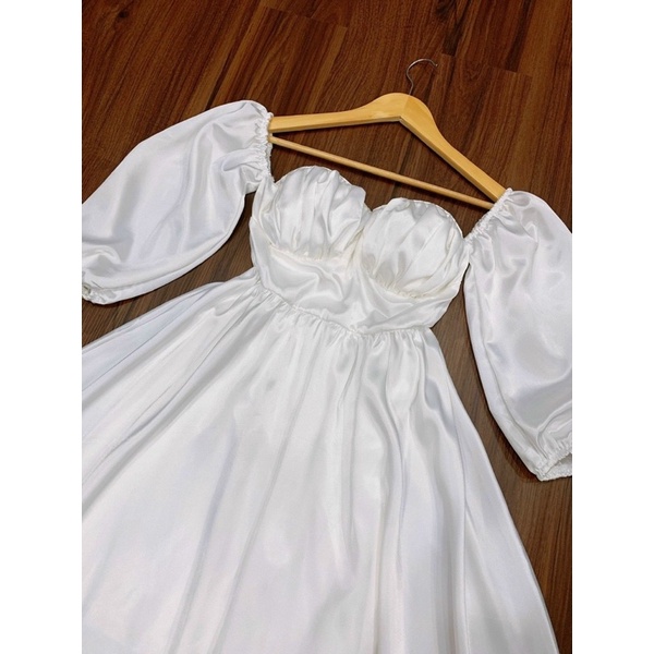 Đầm váy phi satin trắng dài xoè nhẹ cúp ngực hở/bẹt/trễ/rớt vai, thời trang tiểu thư sang trọng quý phái đi chơi dự tiệc