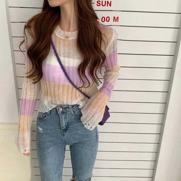 Áo sweater Mỏng Cổ Tròn Mềm Mại Phối Màu Tương Phản Phong Cách Hàn Quốc Thời Trang Xuân Thu Cho Nữ