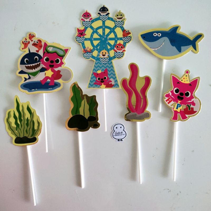 10 thẻ cắm cá mập baby shark trang trí bánh kem sinh nhật, topper cake