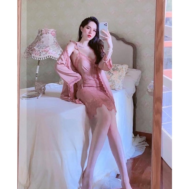 Sét Váy Ngủ Kèm Choàng Lụa Cao Cấp, Váy Ngủ Màu Hồng Pastel HITHOT | BigBuy360 - bigbuy360.vn