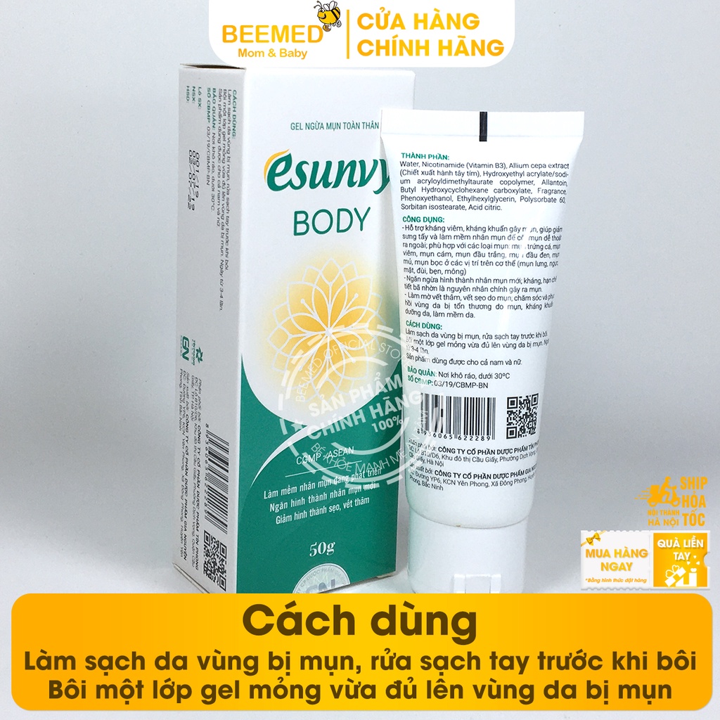 Kem ngừa mụn lưng và toàn thân Esunvy Body từ thảo dược - tuýp 50g, mờ sẹo, mụn đầu đen, mụn bọc