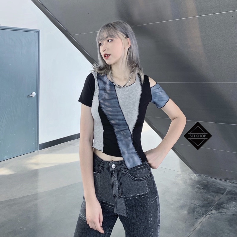 Quần jean kẻ ô phối màu đậm nhạt