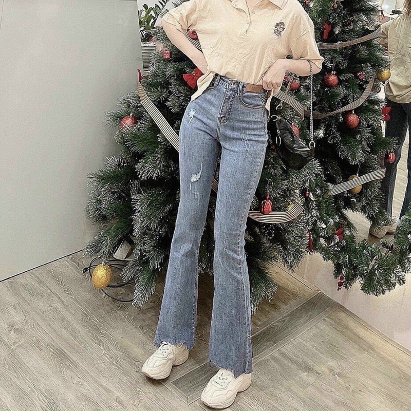 [Ảnh thật/Video]Quần Jean ống loe cào nhẹ hai màu xanh nhạt và xanh đậm