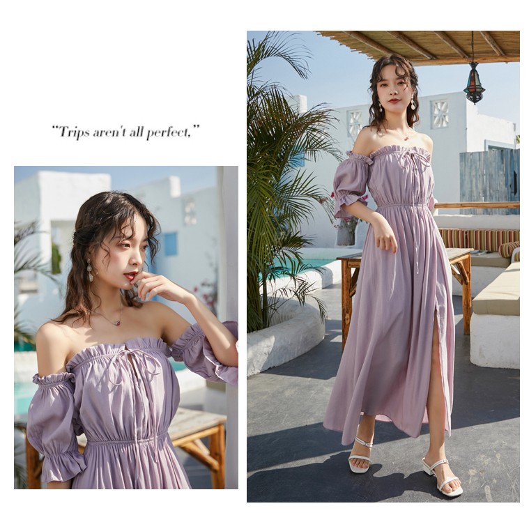 Đầm Maxi Chiffon Trễ Vai Xẻ Tà Quyến Rũ