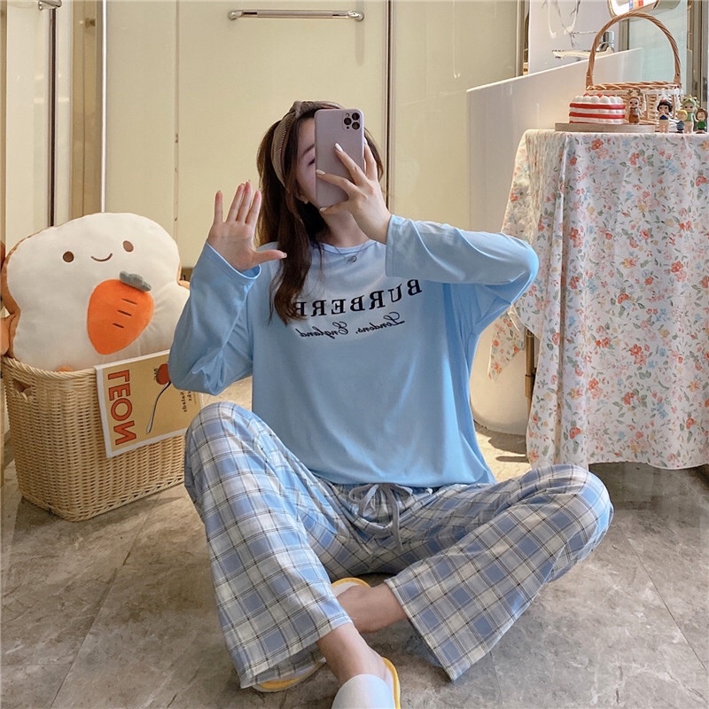 Đồ Ngủ Pijamas, Đồ Bộ Nữ Dài Tay Mặc Nhà Quần Kẻ Caro Phong Cách Ulzzang Hàn Quốc 2021