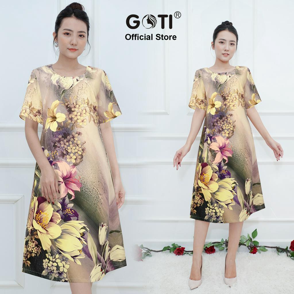 GOTI - Đầm Trung Niên Dáng Suông Giấu Bụng Cho Mẹ Kiểu Đầm Suông Lụa U50 U60 Phối Màu In Hoạ Tiết 3346 3347 3336