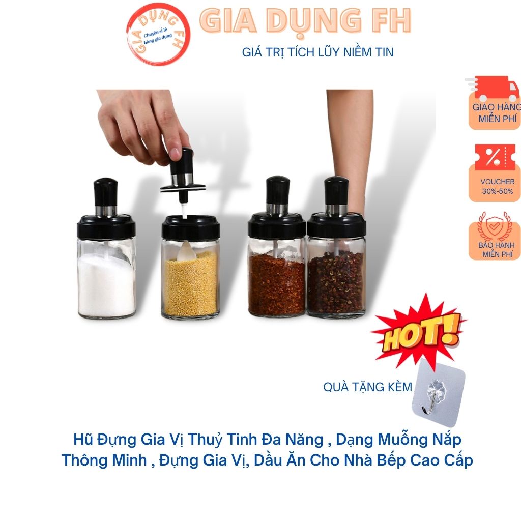 Hũ Đựng Gia Vị Thuỷ Tinh Đa Năng , Dạng Muỗng Nắp Thông Minh , Đựng Gia Vị, Dầu Ăn Cho Nhà Bếp Cao Cấp , Gia Dung FH