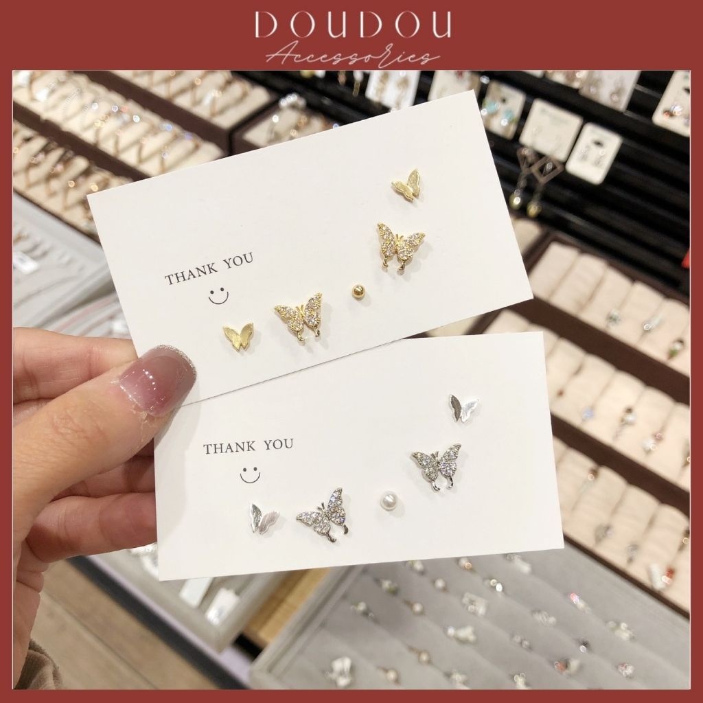 Bông tai nữ Doudou Phụ kiện Set khuyên hoa tai nữ hình bướm 5 chiếc phong cách Hàn Quốc thời trang chuôi bạc 925 EH023