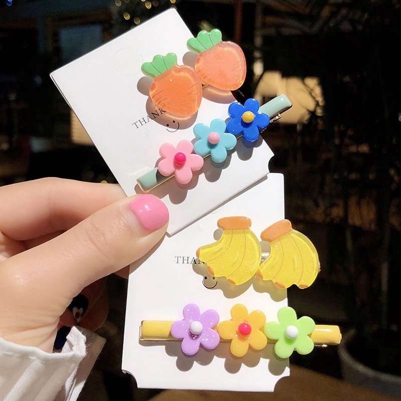 Set 2 Kẹp Tóc Hình Hoa/Trái Cây Màu Sắc Ngọt Ngào Phong Cách Hàn Quốc Cho Bé Gái