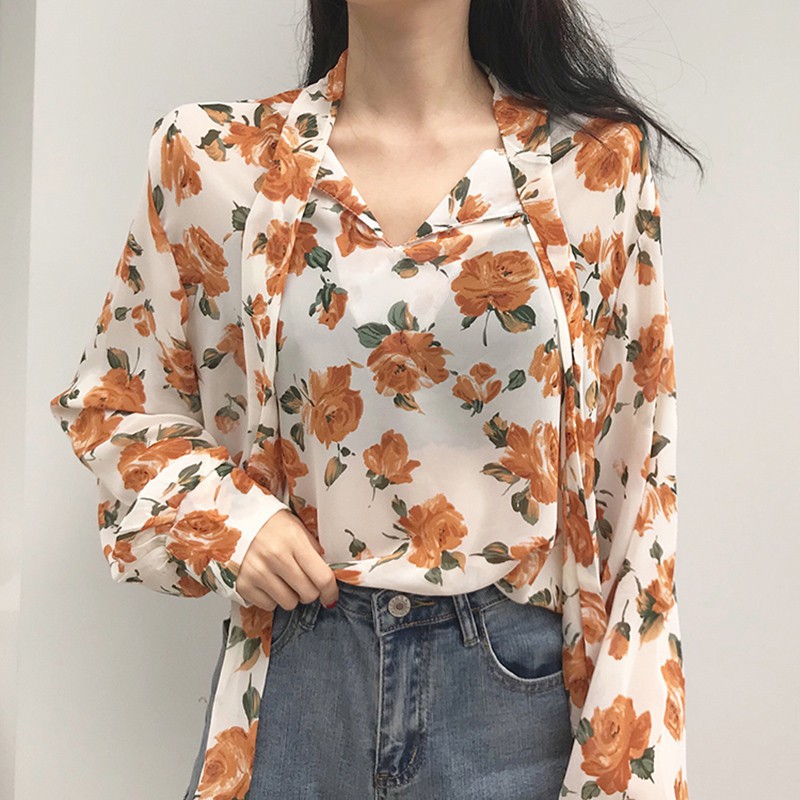 Áo Chiffon Nữ Tay Dài Cổ Chữ V In Hoa Gợi Cảm
