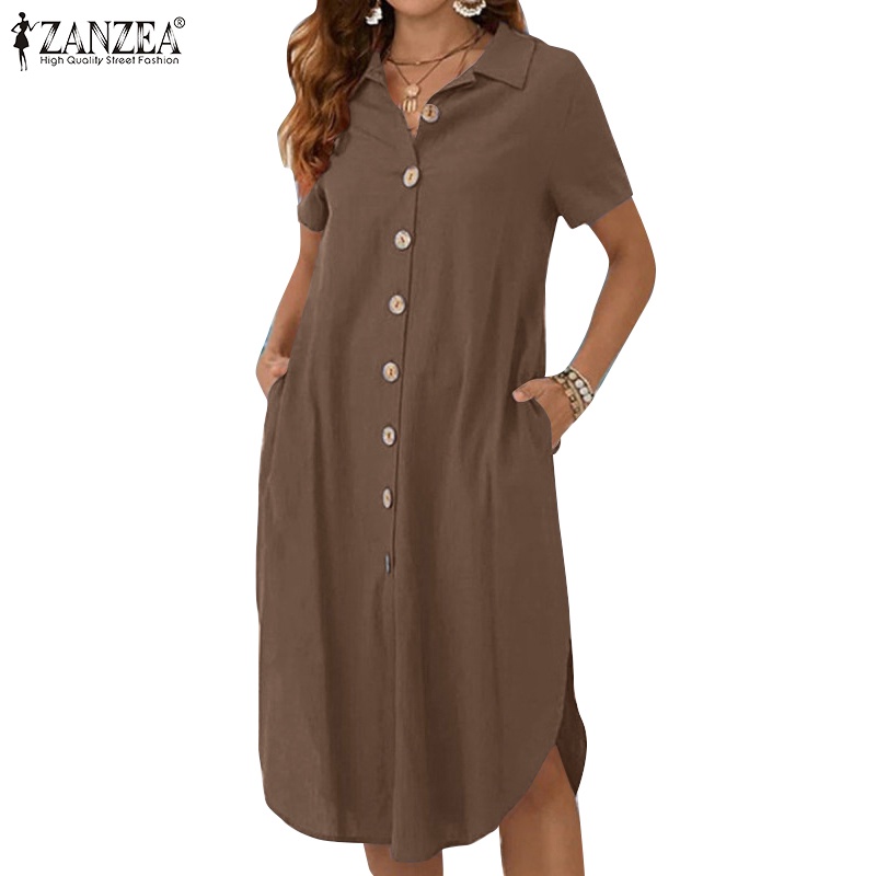 Zanzea Đầm Cotton Xẻ Tà Phối Túi Thời Trang Châu Âu Cho Nữ