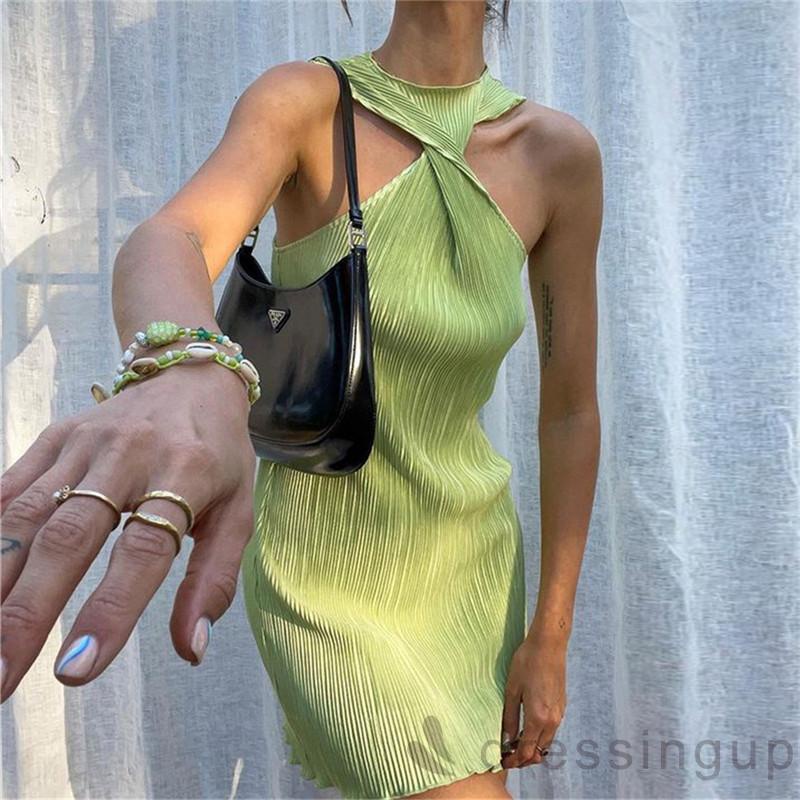 Đầm Ngắn Hở Vai Không Tay Cổ Xoắn Màu Sắc Trơn Cho Nữ