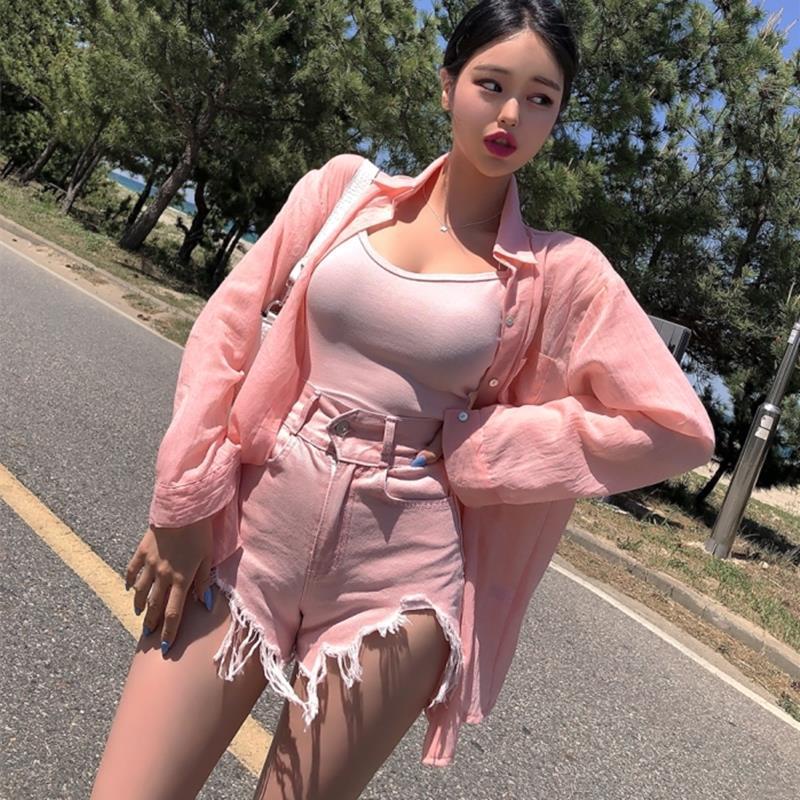 Bán Chạy!F &amp; X Quần Short Denim Dáng Chữ A Lưng Cao Màu Hồng Cá Tính Phong Cách Mùa Hè Size Lớn mm