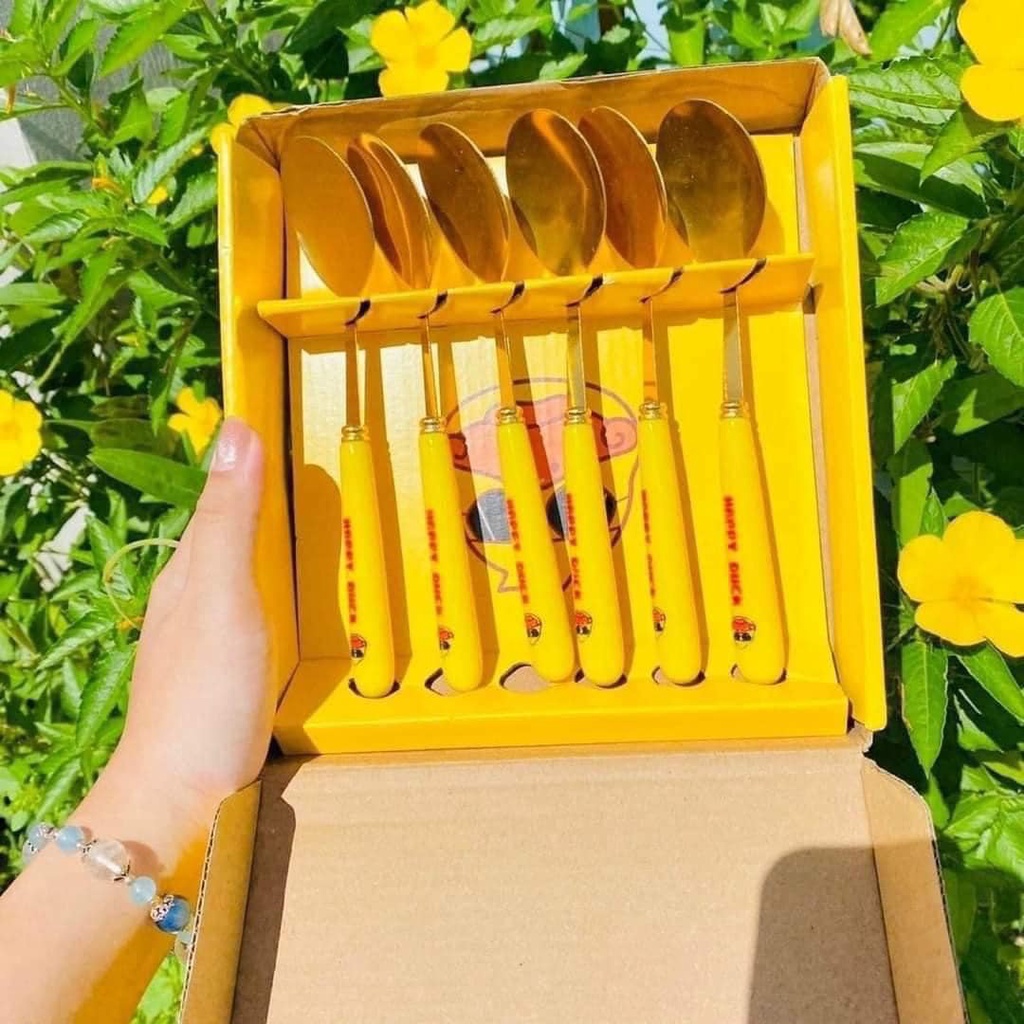 Bộ 6 thìa inox mạ vàng Vịt vàng Duck cán dài muỗng ăn ngộ nghĩnh có hộp