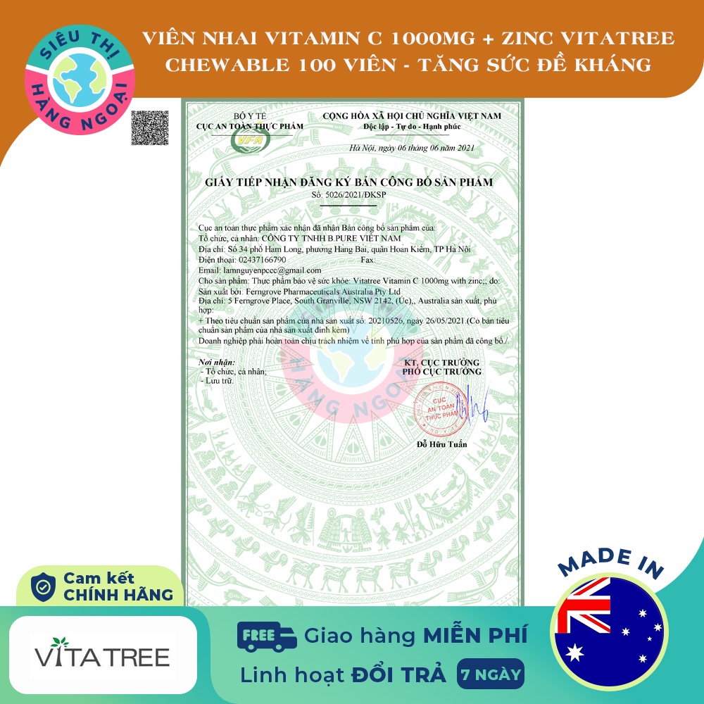 Viên nhai Vitamin C 1000mg with Zinc Chewable Tablet Vitatree Exp2024[Tăng cường hệ thống miễn dịch, sức đề kháng]