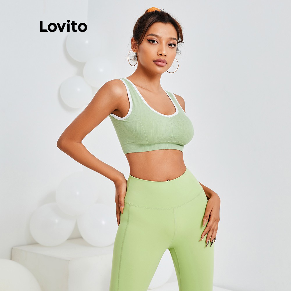 Áo Lovito cổ V dáng ôm siêu co giãn ghép nối màu sắc thoải mái L13X110 (màu xám / xanh lục)