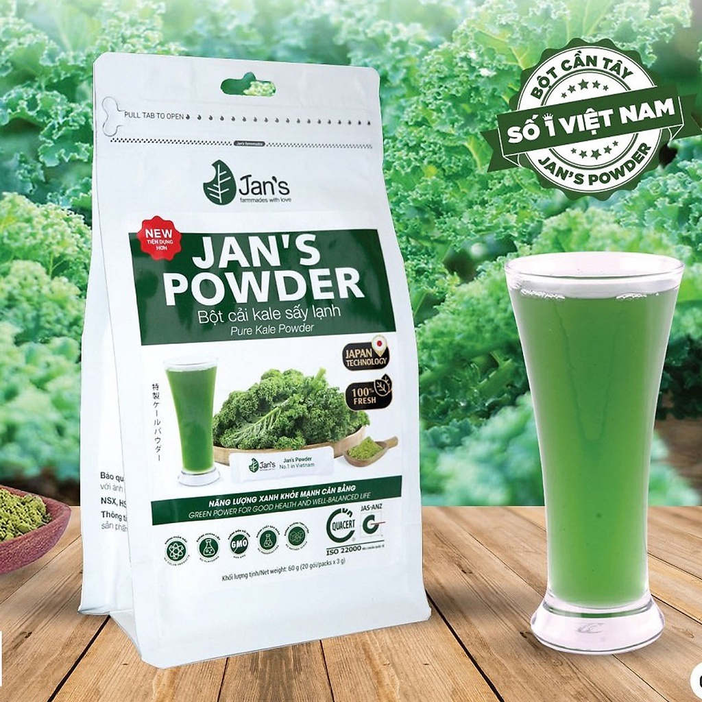 Bột cải Kale sấy lạnh Jan's 60gram hỗ trợ tiêu hóa tốt cho tim mạch và giảm nguy cơ mắc ung thư