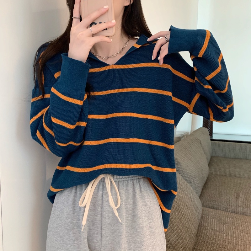 Áo dệt kim Perty dáng rộng kẻ sọc phong cách vintage Hàn Quốc thời trang mùa xuân cho nữ