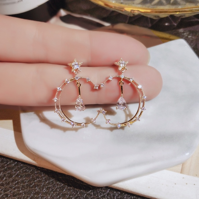 [Jiudolan] Khuyên Tai Tròn Đính Đá Zircon Ngôi Sao Mặt Trăng Hàn Quốc Cho Nữ