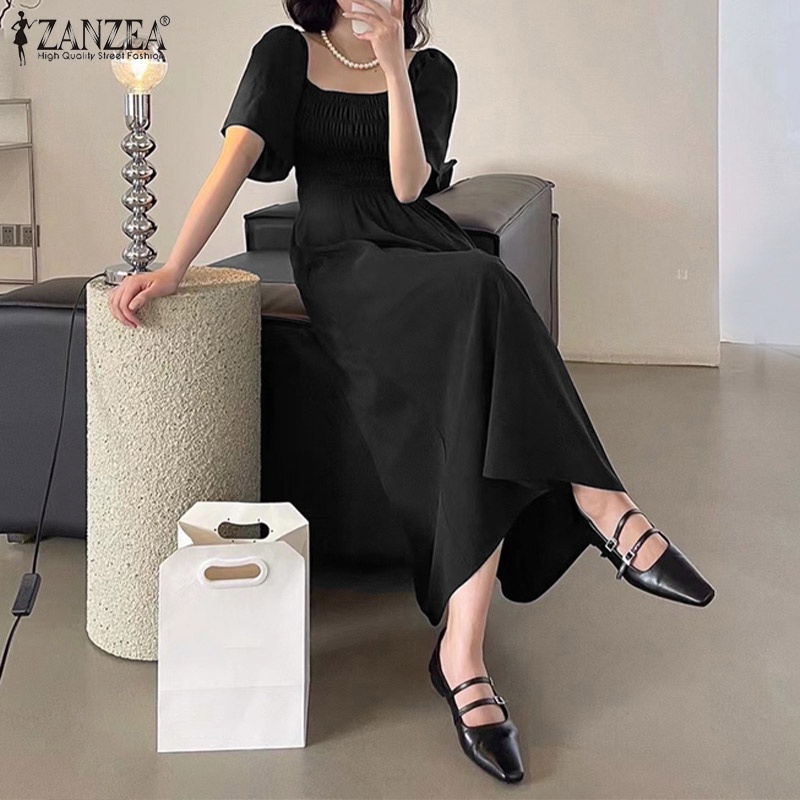 Zanzea Đầm Dài Cổ Vuông Tay Ngắn Phong Cách Hàn Quốc Tinh Tế Thời Trang Cho Nữ