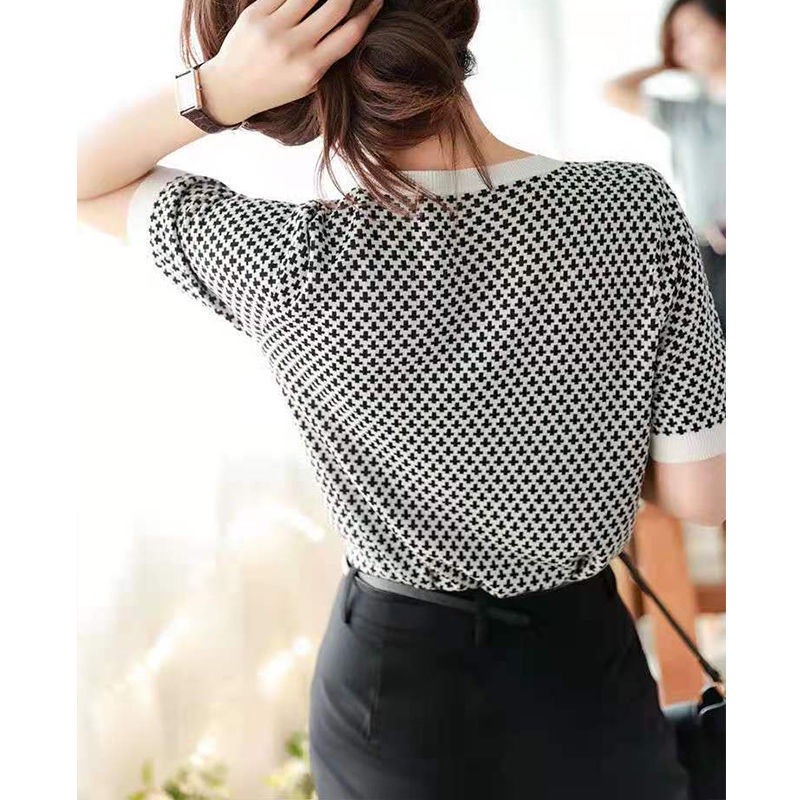 Áo Thun Dệt Kim Lụa Lạnh Họa Tiết Houndstooth Cá Tính 152301 Áo Thun Tay Ngắn Cổ Tròn Thời Trang Mùa Hè