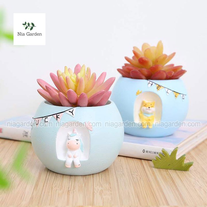 Chậu nhựa trồng sen đá xương rồng mini hình thỏ chó Shiba kỳ lân voi Nia Garden N4