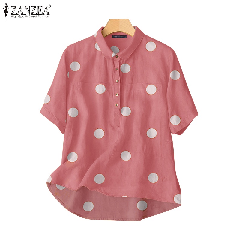 Áo sơ mi ZANZEA tay ngắn hoạ tiết chấm bi phong cách vintage nữ tính thanh lịch