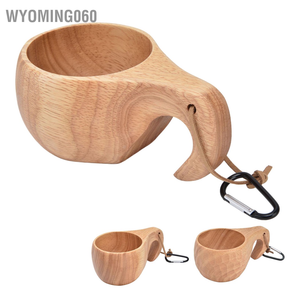Wyoming060 Wooden Coffee Cup with Handle Hanging Buckle Milk Drinking Portable Wood Mug for Household