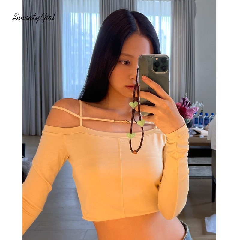 Áo Thun Tay Dài Dáng Ôm Hở Vai Màu Trơn Thời Trang 2022 Dành Cho Nữ