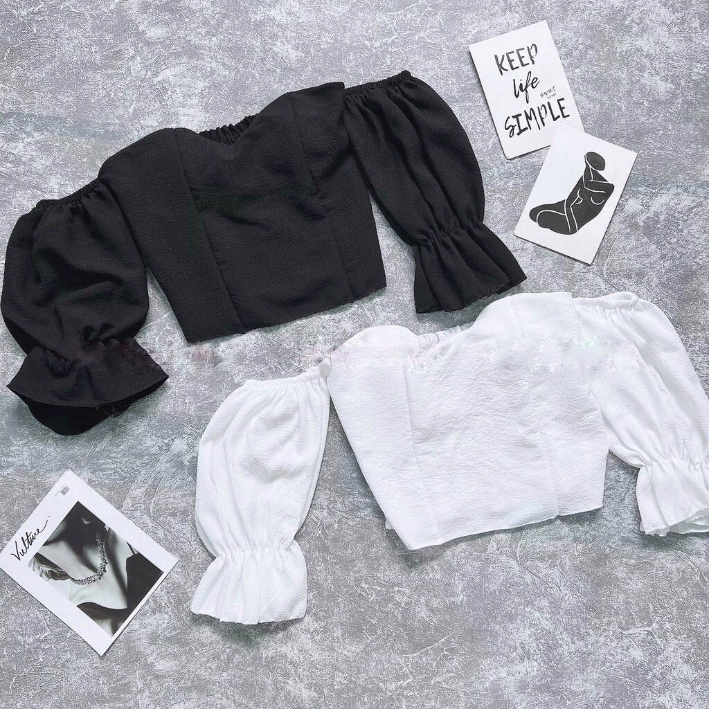 Áo Croptop Trễ Vai Tay Phồng Dáng Ôm Cúp Ngực Phong Cách Tiểu Thư Sang Chảnh