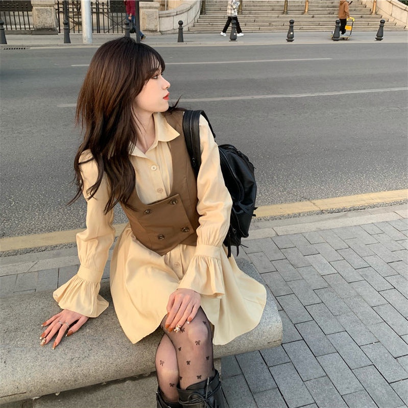 Set Áo Khoác Không Tay + Đầm Tay Dài Xinh Xắn Thời Trang Dành Cho Nữ