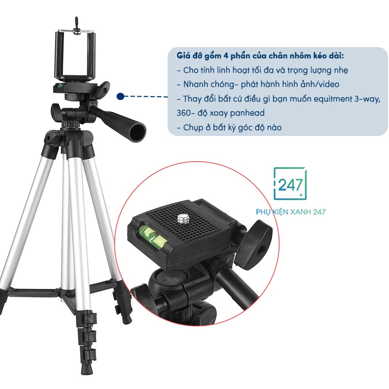 Gậy chụp ảnh 3 chân tripod cao cấp, giá đỡ quay phim, chụp ảnh, livestream chuyên dụng