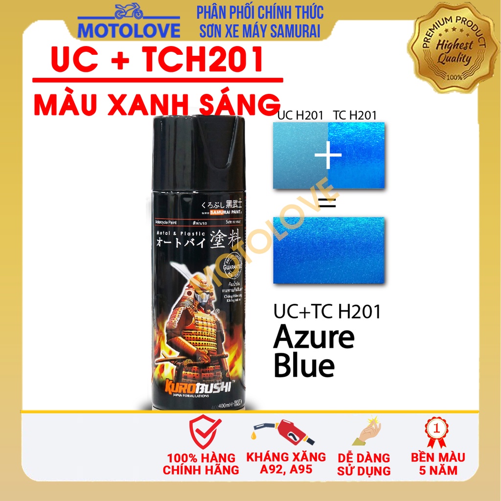 Combo sơn samurai màu hai lớp xanh sáng UC + TCH201 - chai sơn xịt chuyên dụng nhập khẩu từ Malaysia.