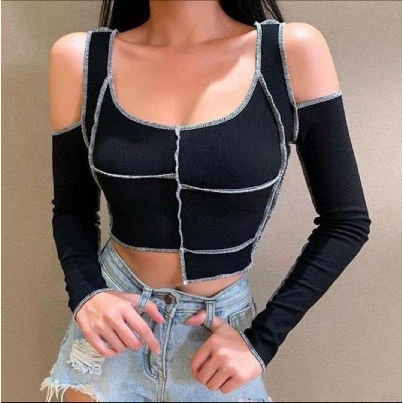 Áo croptop kiểu khoét vai tay dài ôm body rách eo - Order taobao quảng châu