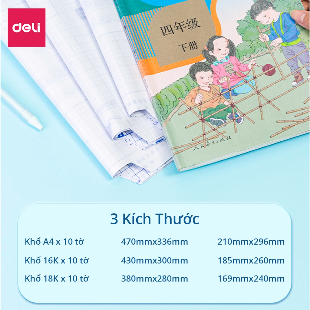 Decal bọc vở trong suốt Deli - 10 chiếc - Chống nước, chống bụi - Phù hợp với nhiều loại sách vở học sinh các cấp