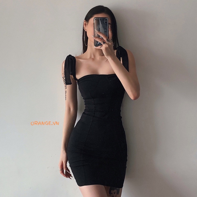 Lona Dress - Váy hai dây body cột nơ màu trắng, đen