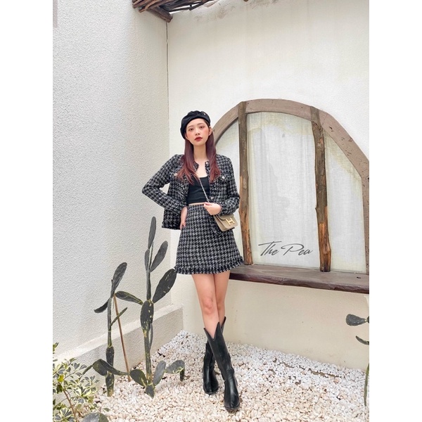 BLACK KAYLIN SET - Áo khoác + Chân váy + Đầm liền dạ tweed tua rua đen trắng