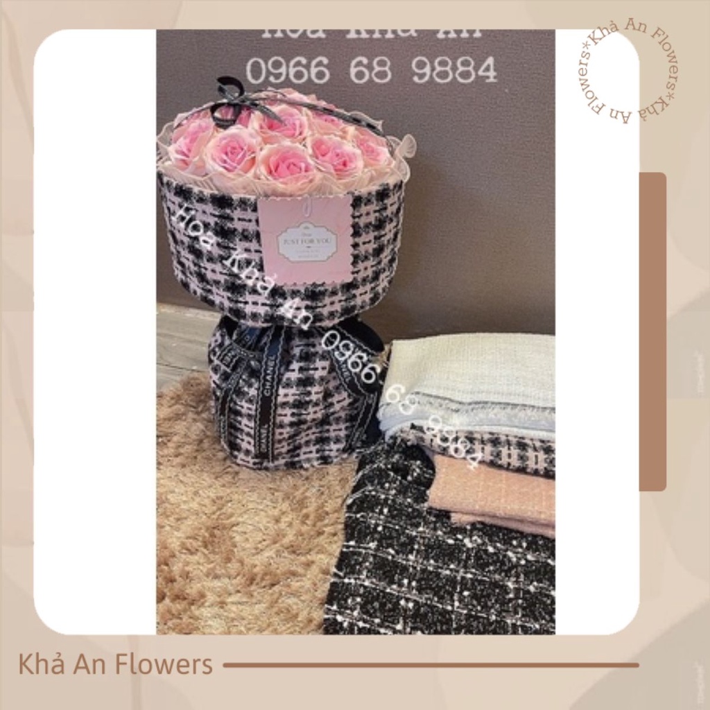 Vải dạ Tweed xịn, trổ kim tuyến, chất siêu dày, mềm, mịn. Dùng bó hoa hoặc may đồ