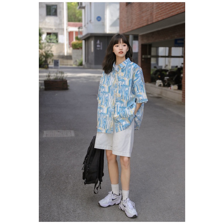 Áo Sơ Mi Tay Ngắn Dáng Rộng In Họa Tiết Thắt Cà Vạt Phong Cách Hàn Quốc Thời Trang Mùa Hè Mới Cho Nữ