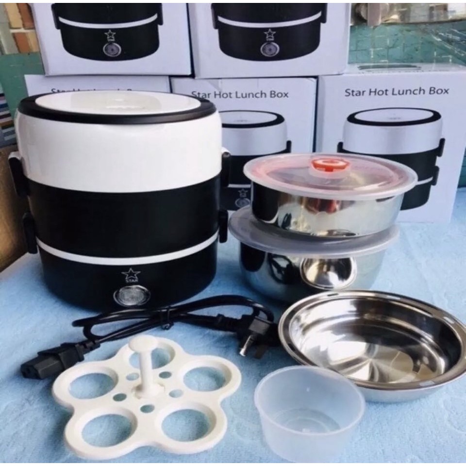 Hộp cơm đen trắng cao cấp Lunchbox cắm điện 3 tầng