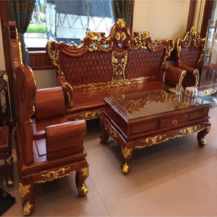 [VIP] Bộ bàn ghế Louis Hoàng Gia gỗ Hương Đá dát Vàng