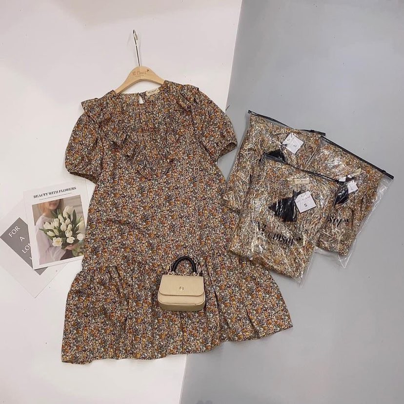 Đầm (váy) suông nữ hoạ tiết hoa nhí phối bèo, xếp li ngực, tay bồng phong cách vintage