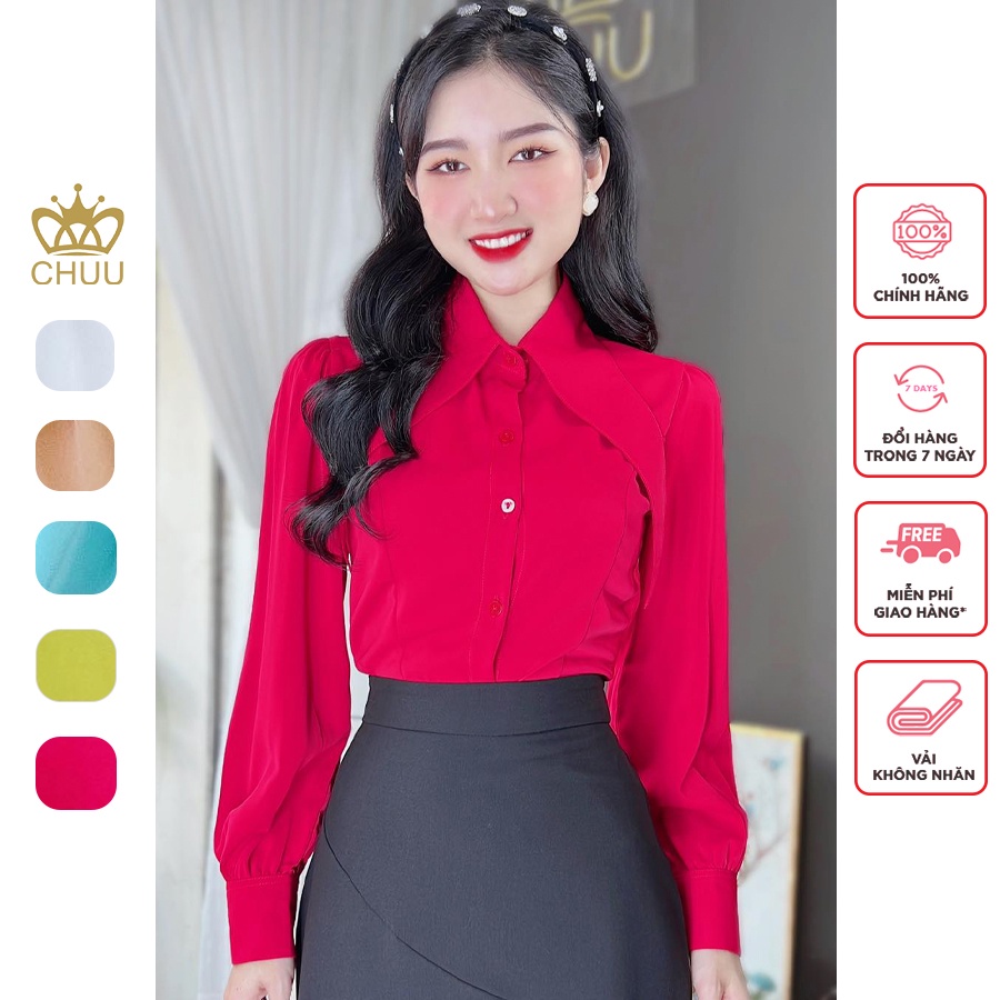 Áo sơ mi nữ tay phồng công sở cổ nhọn CHUU A8077