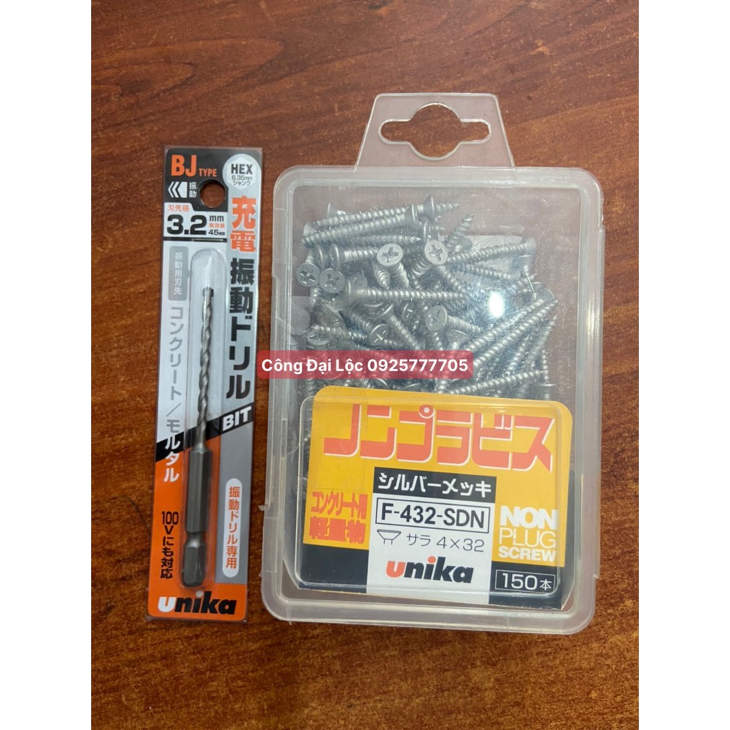 Combo 1 hộp Vít bắt tường, bê tông không dùng tắc kê nhựa + mũi khoan mồi BJ3.2 UNIKA