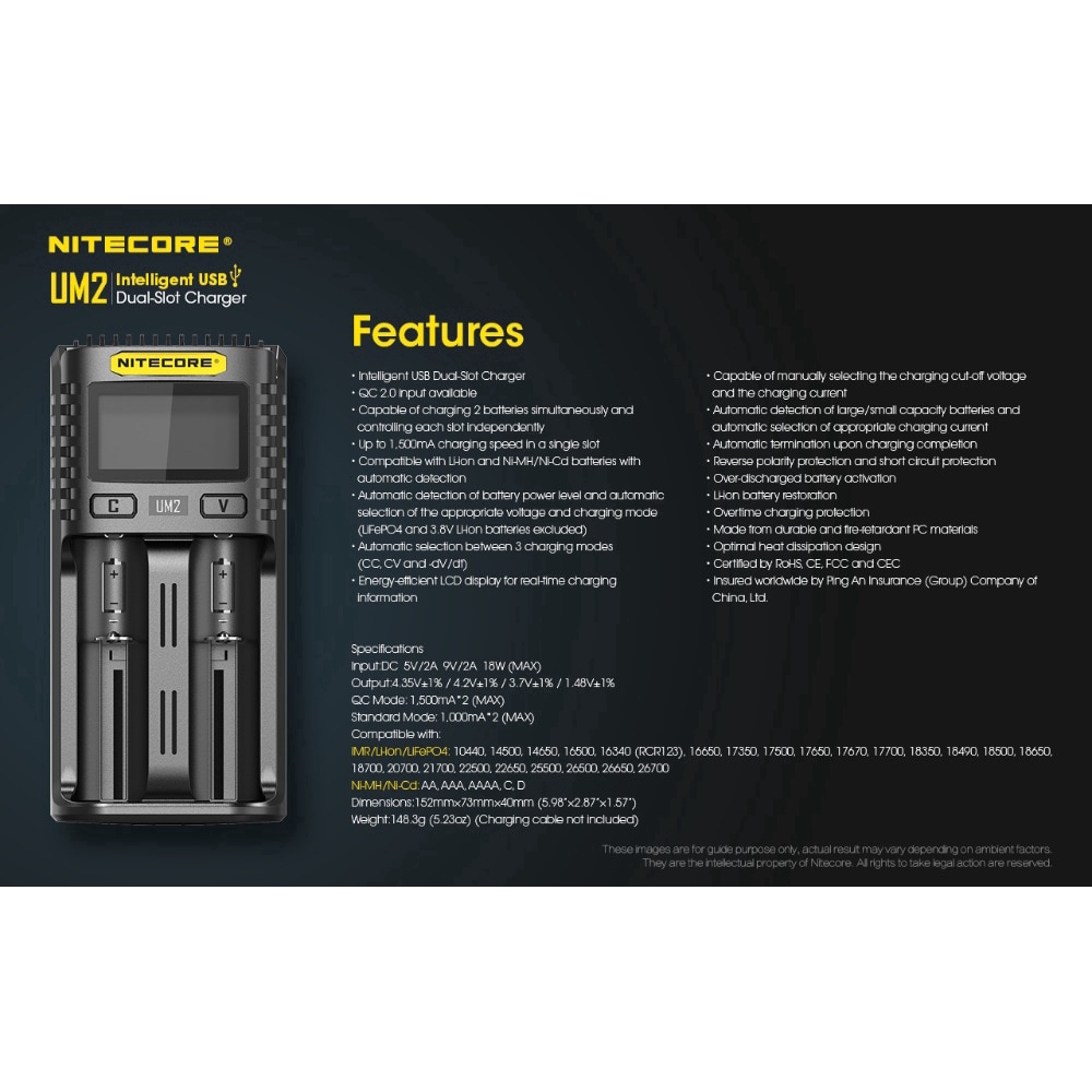 Bộ sạc pin thông minh 100% Nitecore Um2 Usb Kép QC 18650 14500