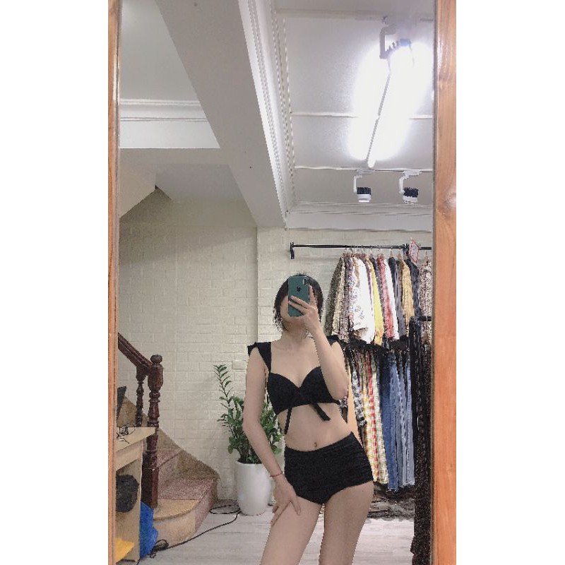 Bikini hai mảnh đen cánh tiên nơ ngực có gọng độn đẹp mặc đi bơi đi biển